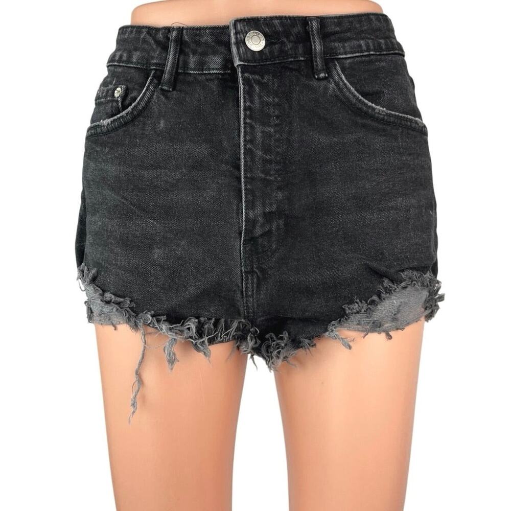 ZARA Cutoff Distressed Jean Shorts Raw Ripped Hem High Rise Pockets 8 Wash Black